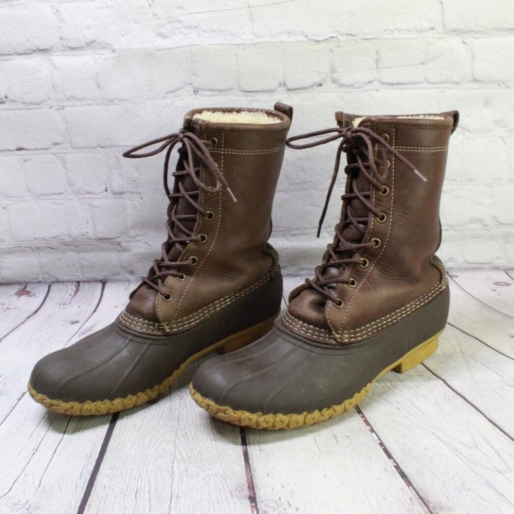 LL Bean 10" Shearling Lined Brown Leather Waterproof Duck Boots M 8 L 10 Narrow - Picture 2 of 9